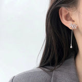 CHOZON 925 Silver Zircon Flower Tassel Stud Earrings