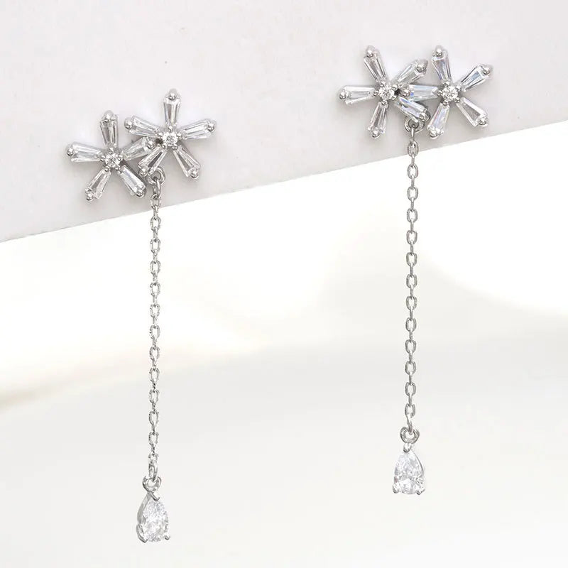 CHOZON 925 Silver Zircon Flower Tassel Stud Earrings