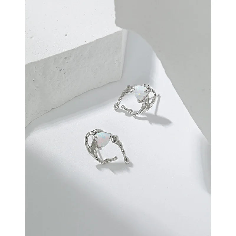 CHOZON S925 Silver Heart Opal Stud Earrings Wedding Jewelry