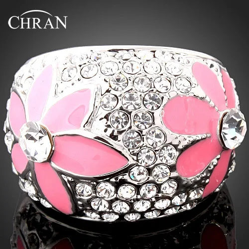Enamel Pink Flower Wedding Rings Women Jewelry Accessories