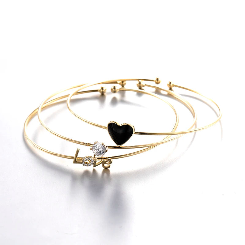 3PCS Stainless Steel Cuff Bangles with Heart Bracelets