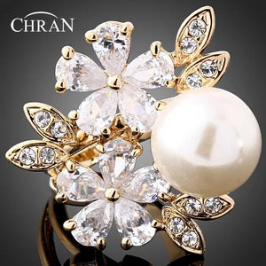 Crystal Pearl Party Rings CZ Flower Wedding Rings Women