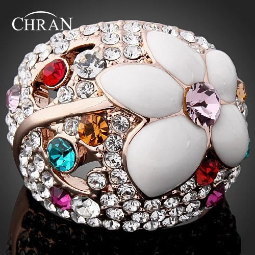 Enamel Flower Anniversary Ring with Crystals for Women