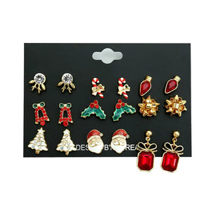 Christmas Earrings Set of 9 Pairs - Merry Trees Snow Flakes Stud Pack