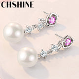 925 Silver 10MM Pearl Pink Zircon Flowers Earrings Wedding Banquet Jewelry