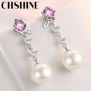 925 Silver 10MM Pearl Pink Zircon Flowers Earrings Wedding Banquet Jewelry