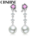 925 Silver 10MM Pearl Pink Zircon Flowers Earrings Wedding Banquet Jewelry