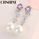 925 Silver 10MM Pearl Pink Zircon Flowers Earrings Wedding Banquet Jewelry