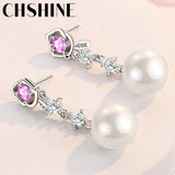 925 Silver 10MM Pearl Pink Zircon Flowers Earrings Wedding Banquet Jewelry