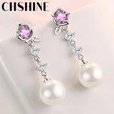 925 Silver 10MM Pearl Pink Zircon Flowers Earrings Wedding Banquet Jewelry