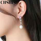 925 Silver 10MM Pearl Pink Zircon Flowers Earrings Wedding Banquet Jewelry