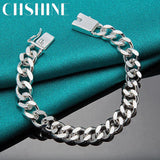 925 Silver 10mm Sideways Chain Square Buckle Bracelet Men Women Wedding Party