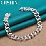 925 Silver 10mm Sideways Chain Square Buckle Bracelet Men Women Wedding Party