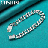 925 Silver 10mm Sideways Chain Square Buckle Bracelet Men Women Wedding Party