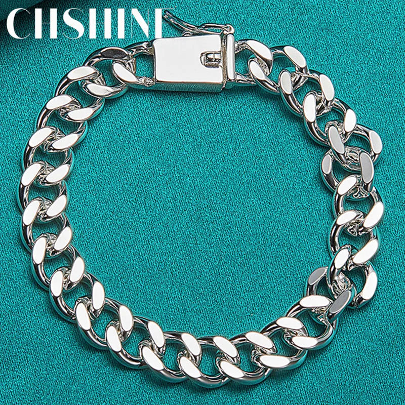 925 Silver 10mm Sideways Chain Square Buckle Bracelet Men Women Wedding Party