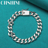 925 Silver 10mm Sideways Chain Square Buckle Bracelet Men Women Wedding Party