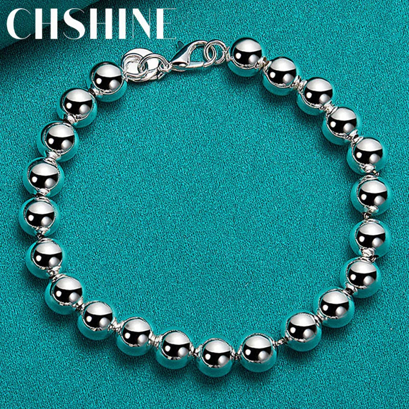 925 Silver 8mm Beads Bracelet Women Wedding Engagement Party Charm Jewelry