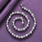925 Silver 8mm Matte Bead Chain Bracelet Necklace Set