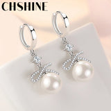 925 Silver Bow Pearl Earrings Wedding Party Jewelry