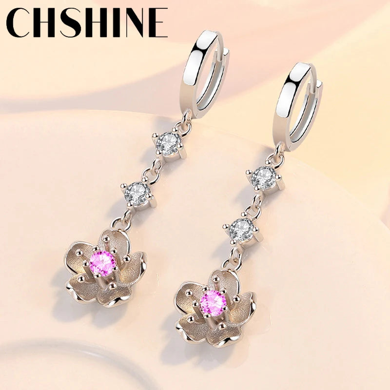 925 Silver Cherry Blossoms Pink Zircon Earrings Lady Banquet Party