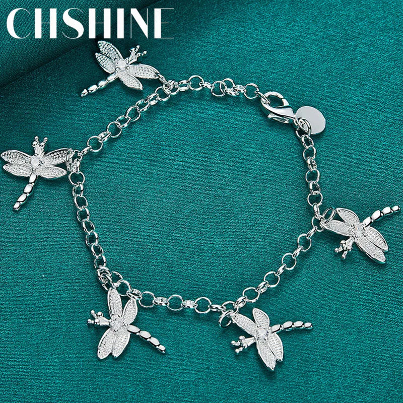 925 Silver Dragonfly Pendant Bracelet Chain Women Wedding Engagement Jewelry