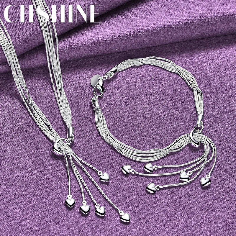 925 Sterling Silver 5 Snake Chain Heart Bracelet Necklace Set