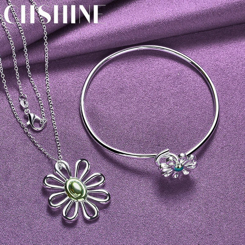 925 Silver Flower Pendant Necklace Bracelet Bangle Jewelry Set