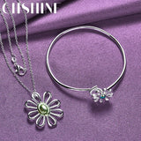 925 Silver Flower Pendant Necklace Bracelet Bangle Jewelry Set