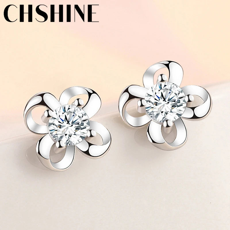 925 Silver 4 Leaf Clover Zircon Earrings Wedding Gift