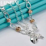 925 Silver Heart Lock Key Zircon Necklace 20"