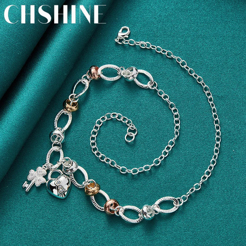 925 Silver Heart Lock Key Zircon Necklace 20"