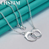 925 Silver Lock Cuffs 18" Pendant Necklace Women Charm Wedding Jewelry