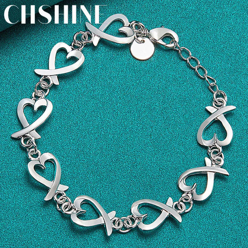 925 Silver Love Heart Chain Bracelet Women Wedding Engagement Charm