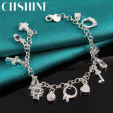 925 Silver Moon Star Heart Cross Lock Key Ring Bracelet Wedding Jewelry