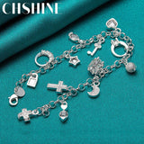 925 Silver Moon Star Heart Cross Lock Key Ring Bracelet Wedding Jewelry