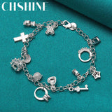 925 Silver Moon Star Heart Cross Lock Key Ring Bracelet Wedding Jewelry