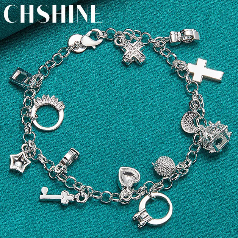 925 Silver Moon Star Heart Cross Lock Key Ring Bracelet Wedding Jewelry