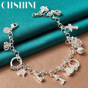 925 Silver Moon Star Heart Cross Lock Key Ring Bracelet Wedding Jewelry