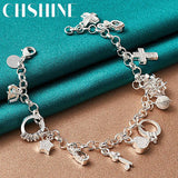 925 Silver Moon Star Heart Cross Lock Key Ring Bracelet Wedding Jewelry