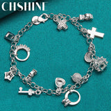 925 Silver Moon Star Heart Cross Lock Key Ring Bracelet Wedding Jewelry