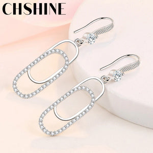 925 Silver Paper Clip Zircon Earrings Wedding Party Jewelry