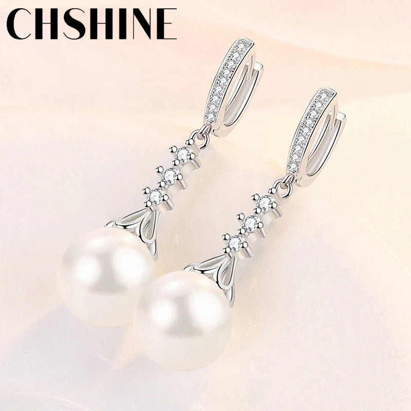 925 Silver Petal Pearl Earrings Women Wedding Party Jewelry
