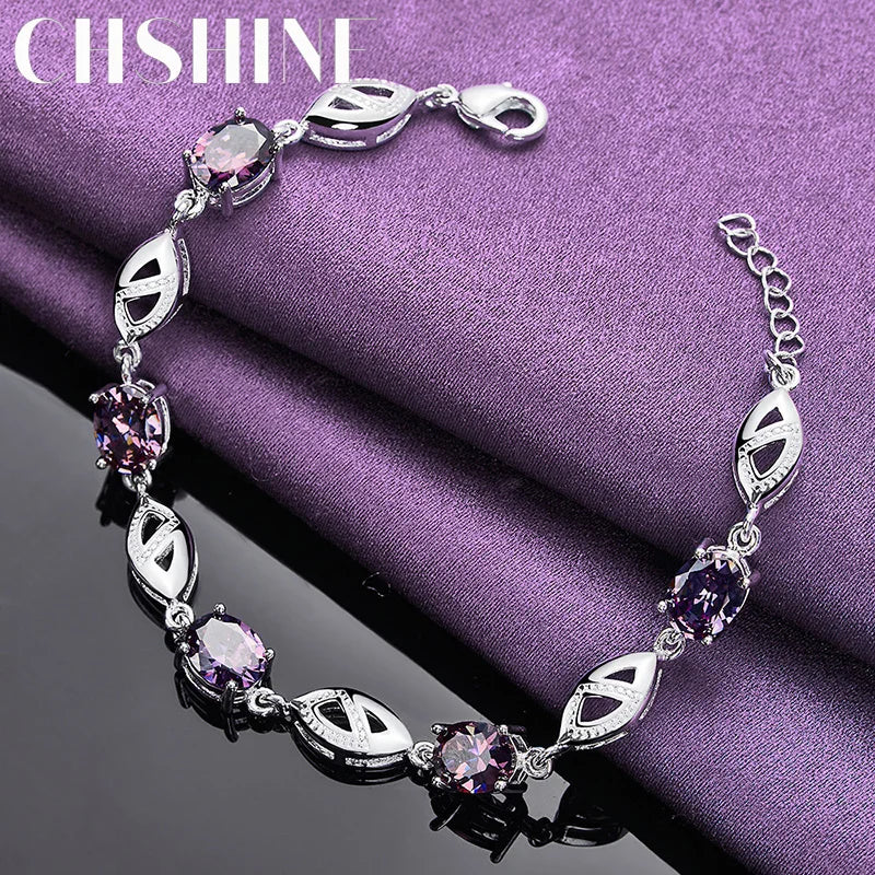 925 Silver Purple Crystal Chain Bracelet Wedding Party Jewelry