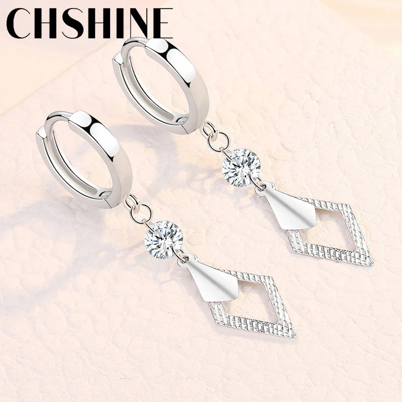 925 Silver Rhombus Zircon Earrings Wedding Party Jewelry
