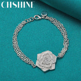 925 Silver Rose Flower Charm Pendant Bracelet Wedding Gift