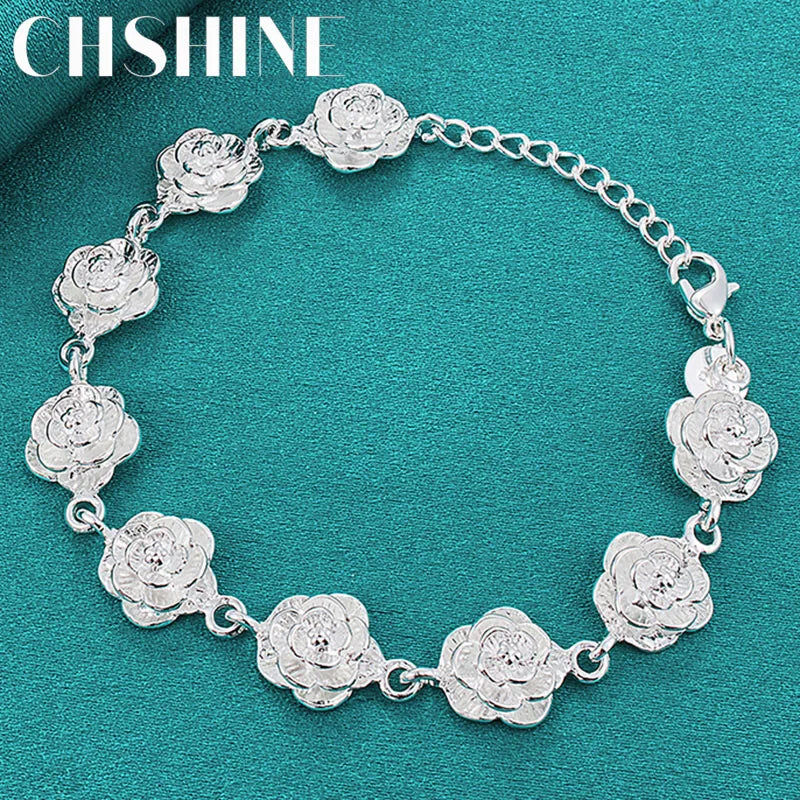 925 Silver Roses Charm Bracelet Chain Women Wedding Engagement Jewelry