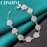 925 Silver Roses Charm Bracelet Chain Women Wedding Engagement Jewelry
