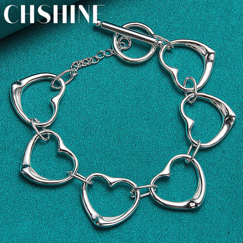 925 Sterling Silver Six Heart Charm Chain Bracelet For Women