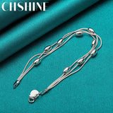 925 Sterling Silver Smooth Beads Three Snake Chain Bracelet For Women