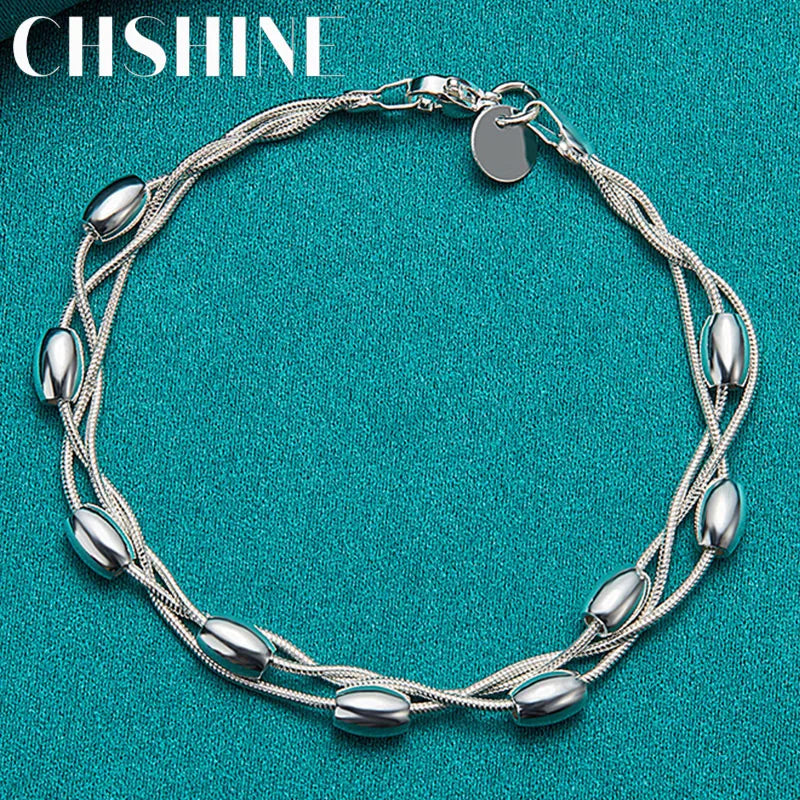 925 Sterling Silver Smooth Beads Three Snake Chain Bracelet For Women